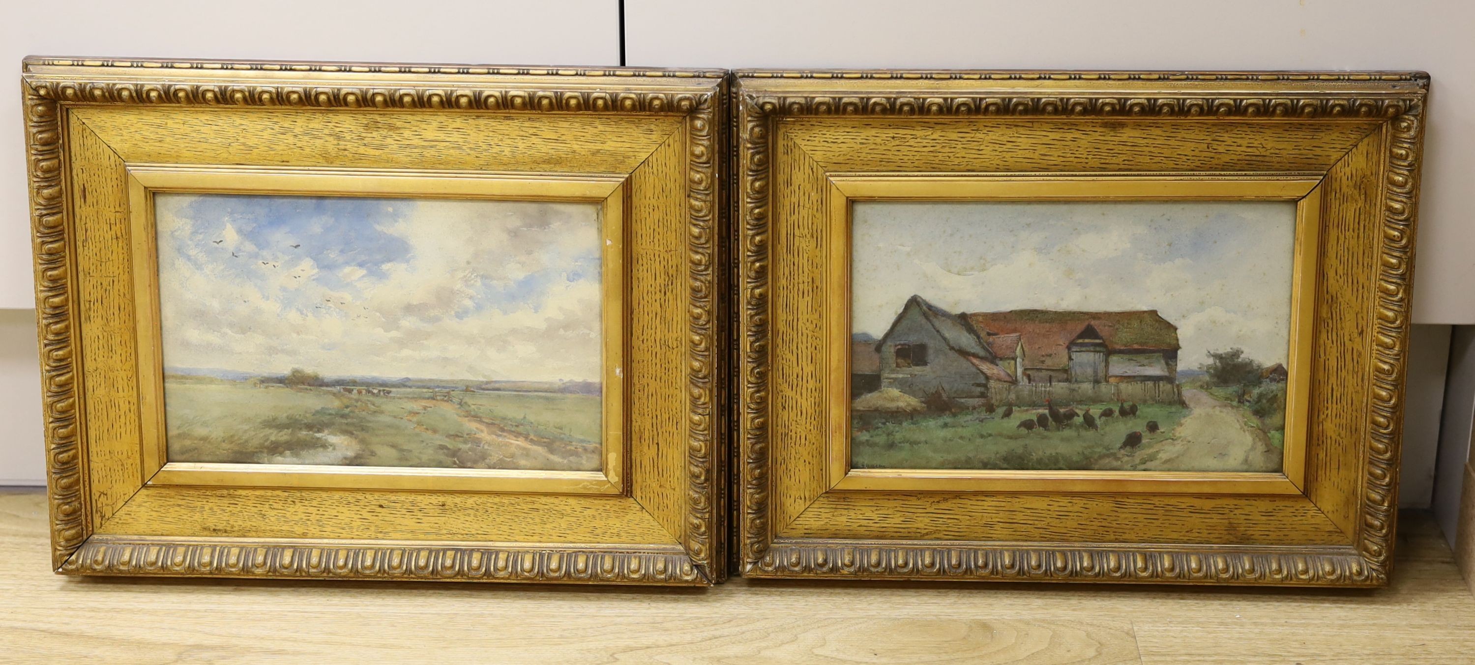 Early 20th Century English School, pair of watercolours, Chickens beside a barn and Cattle in an open landscape, indistinctly signed, 16 x 26cm